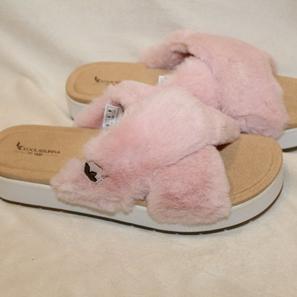 NIB UGG KOOLABURRA WOMEN'S FUR WEDGE SLIDES SLIPPERS SANDALS PINK WHITE - Picture 5 of 6